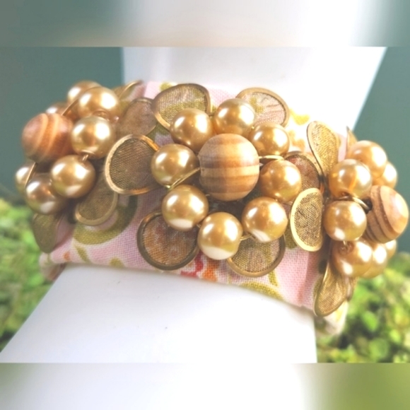 LENORA DAME Anthro Pleats Cottage Floral Fabric Gems Pearls Metal Cuff Bracelet - Picture 4 of 16